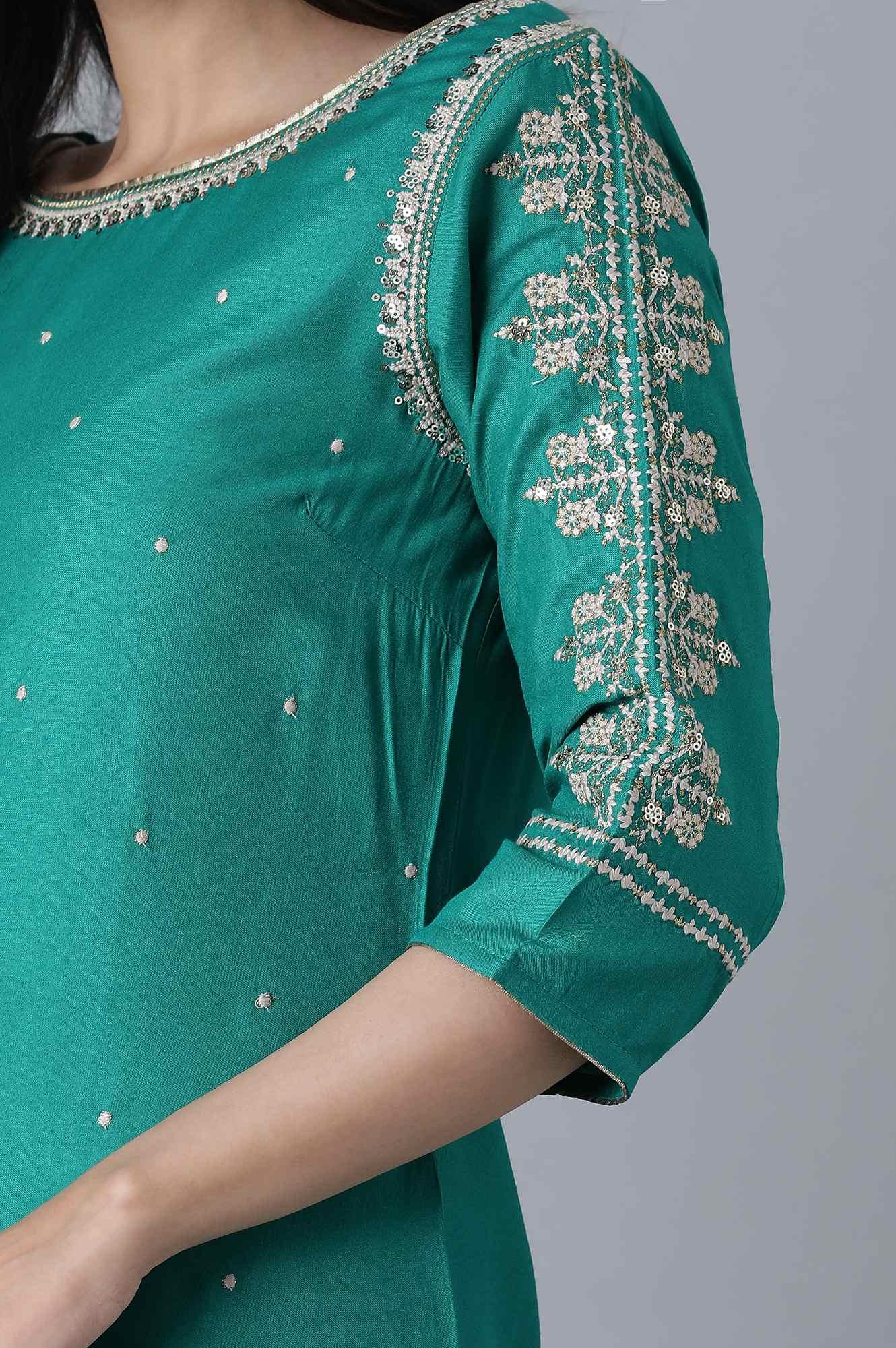 Signature Green Embroidered kurta-Printed Sharara Set - wforwoman