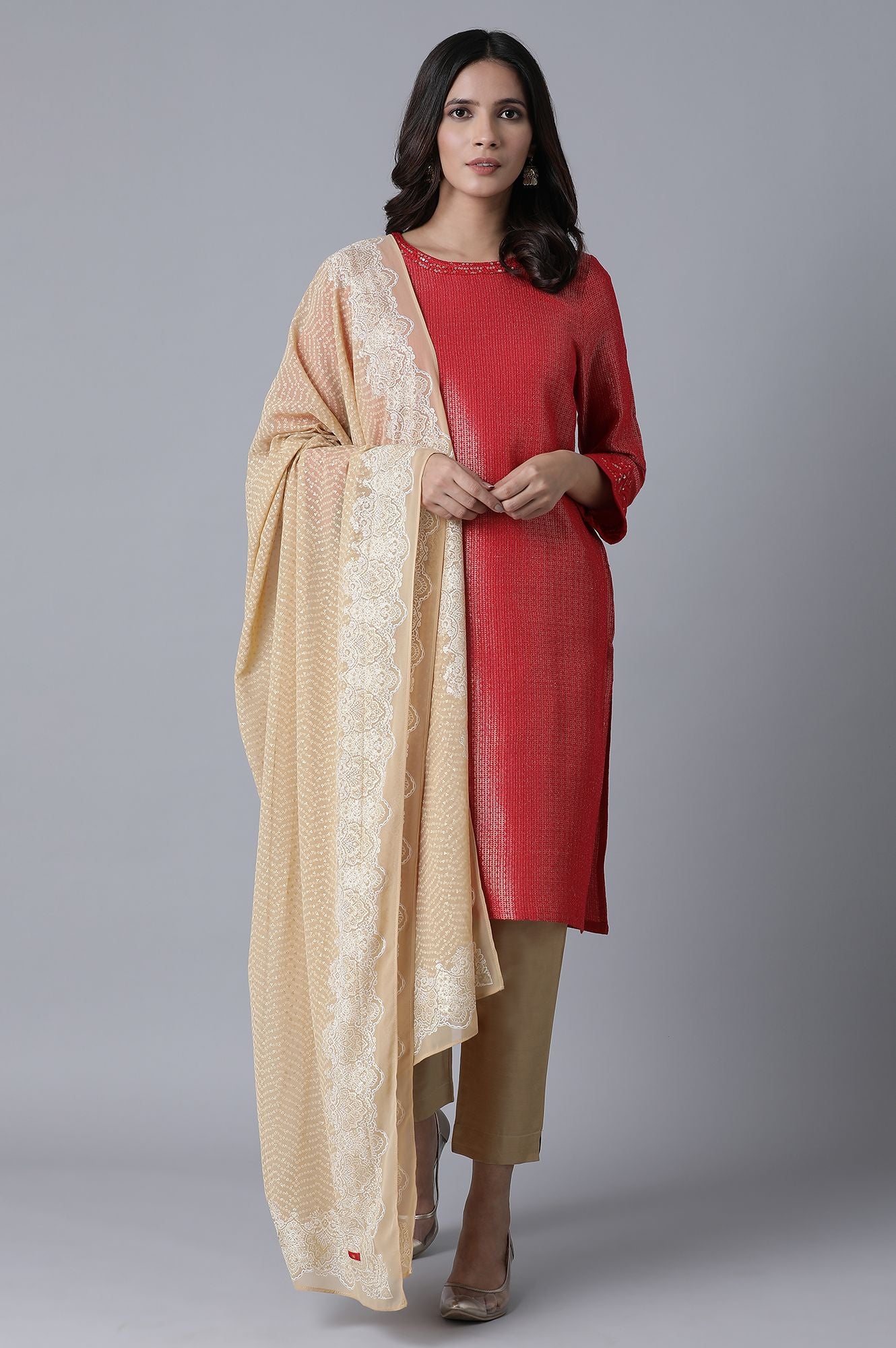 Chilli Red Zari Dobby Straight Kurta-Slim Pant Set With Dupatta