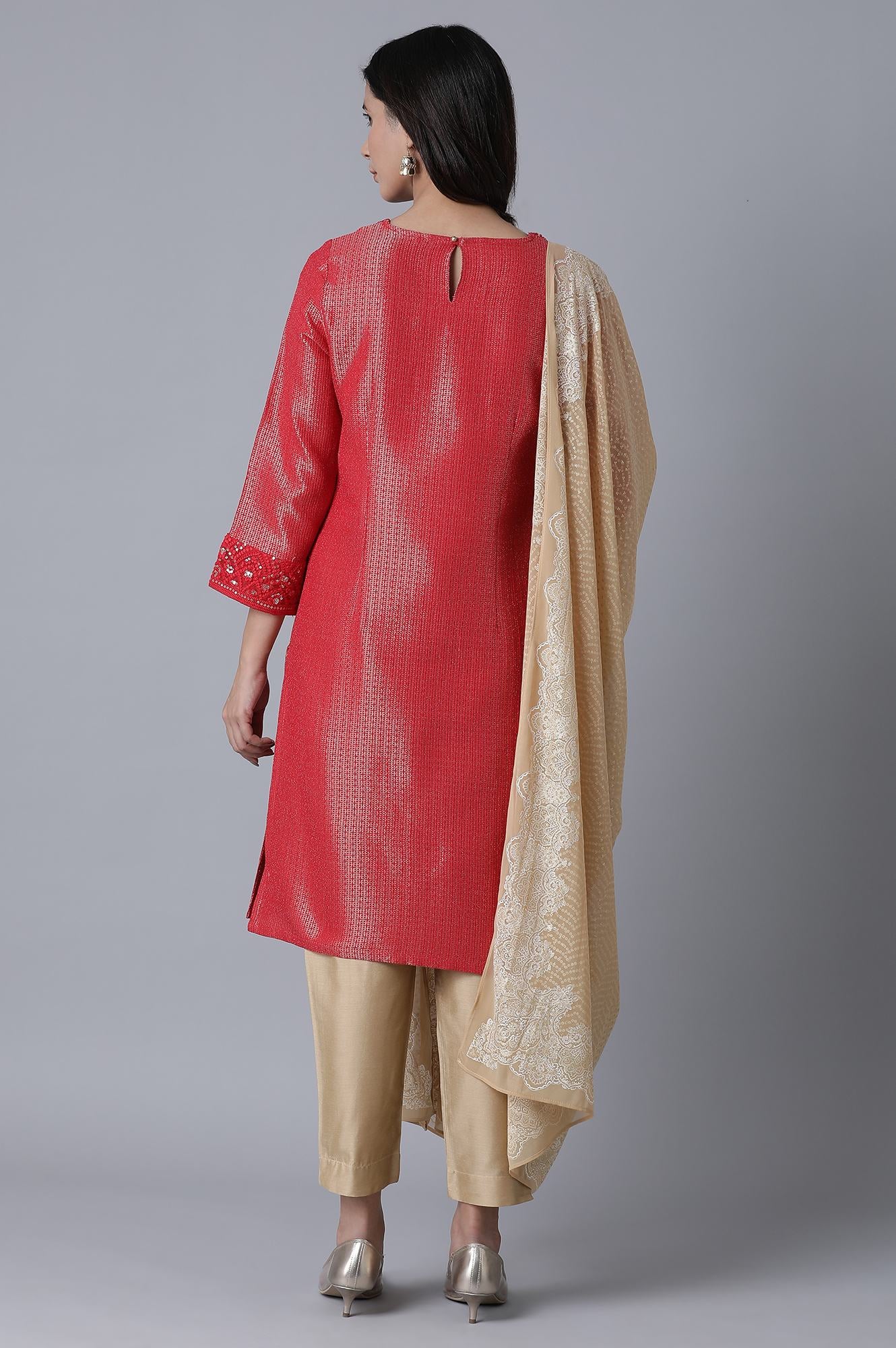 Chilli Red Zari Dobby Straight Kurta-Slim Pant Set With Dupatta