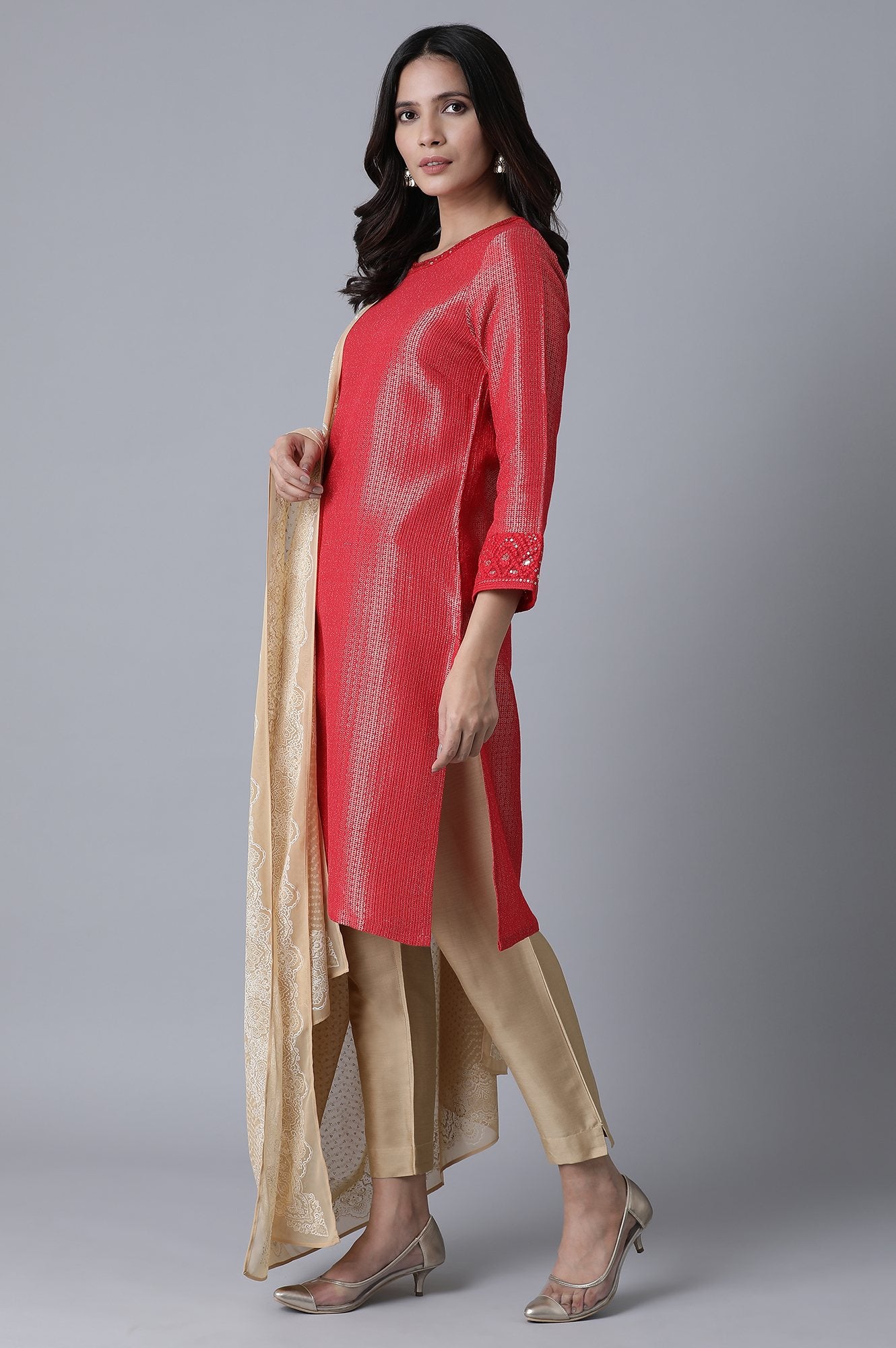 Chilli Red Zari Dobby Straight Kurta-Slim Pant Set With Dupatta