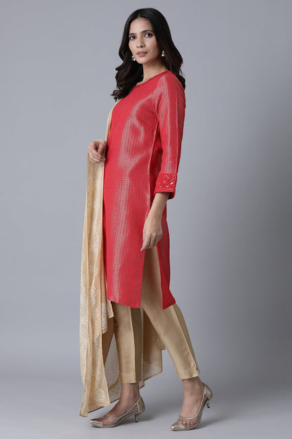 Chilli Red Zari Dobby Straight Kurta-Slim Pant Set With Dupatta