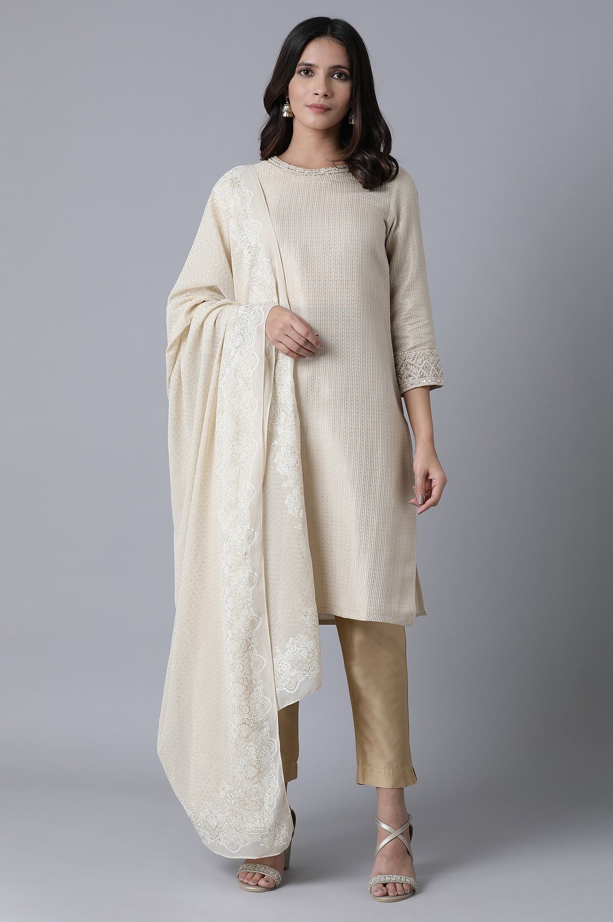 Off-White Zari Dobby Straight Kurta-Slim Pant Set With Dupatta - XS