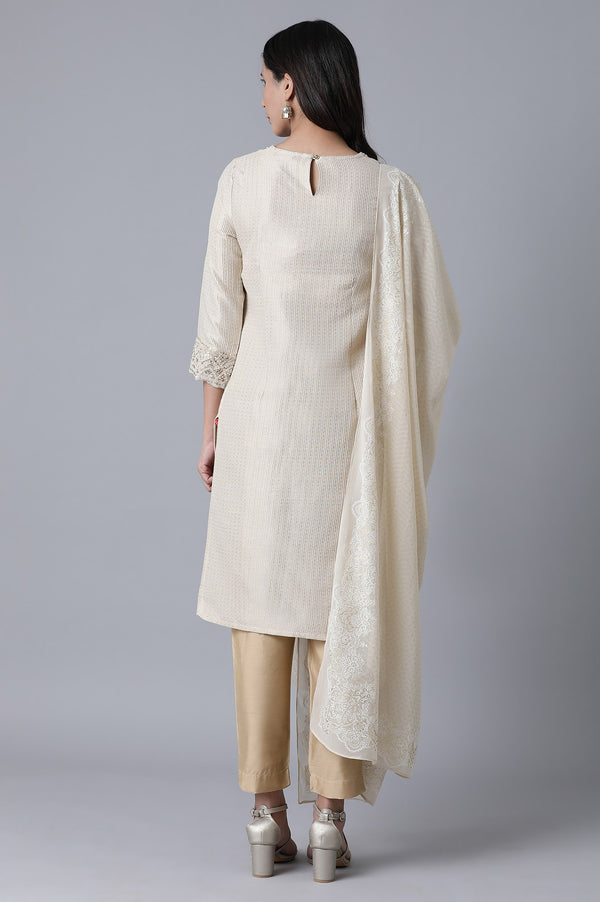 Off-White Zari Dobby Straight Kurta-Slim Pant Set With Dupatta