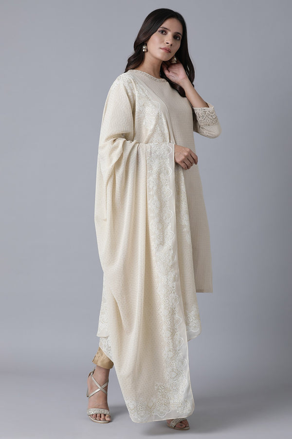 Off-White Zari Dobby Straight Kurta-Slim Pant Set With Dupatta
