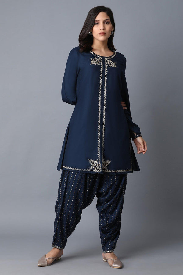 Blue Embellished kurta-Draped Pants Set