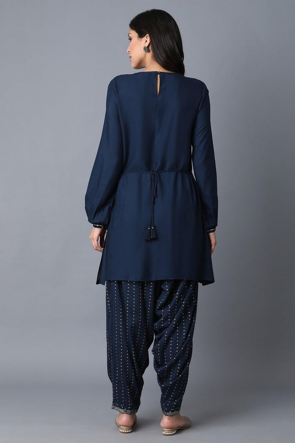 Blue Embellished kurta-Draped Pants Set