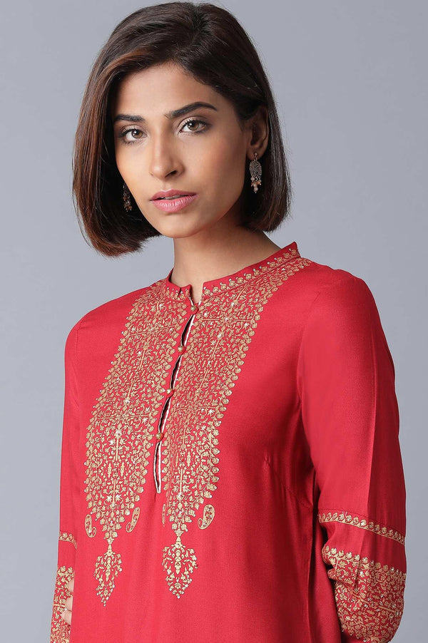 Red Printed kurta-Parallel Pant Set