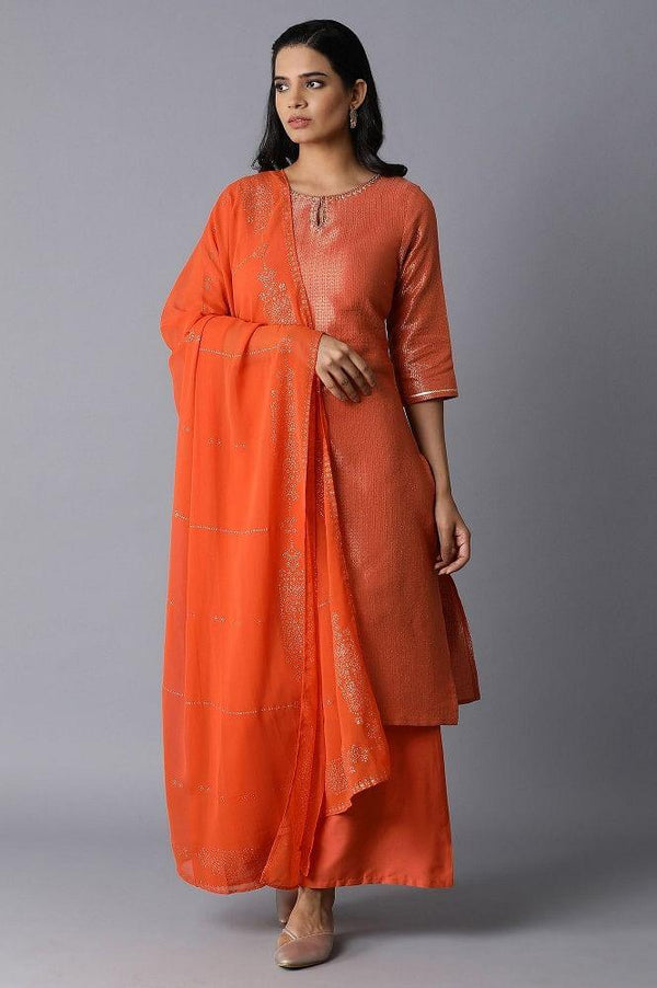 Orange kurta-Parallel Pants-Drape Set