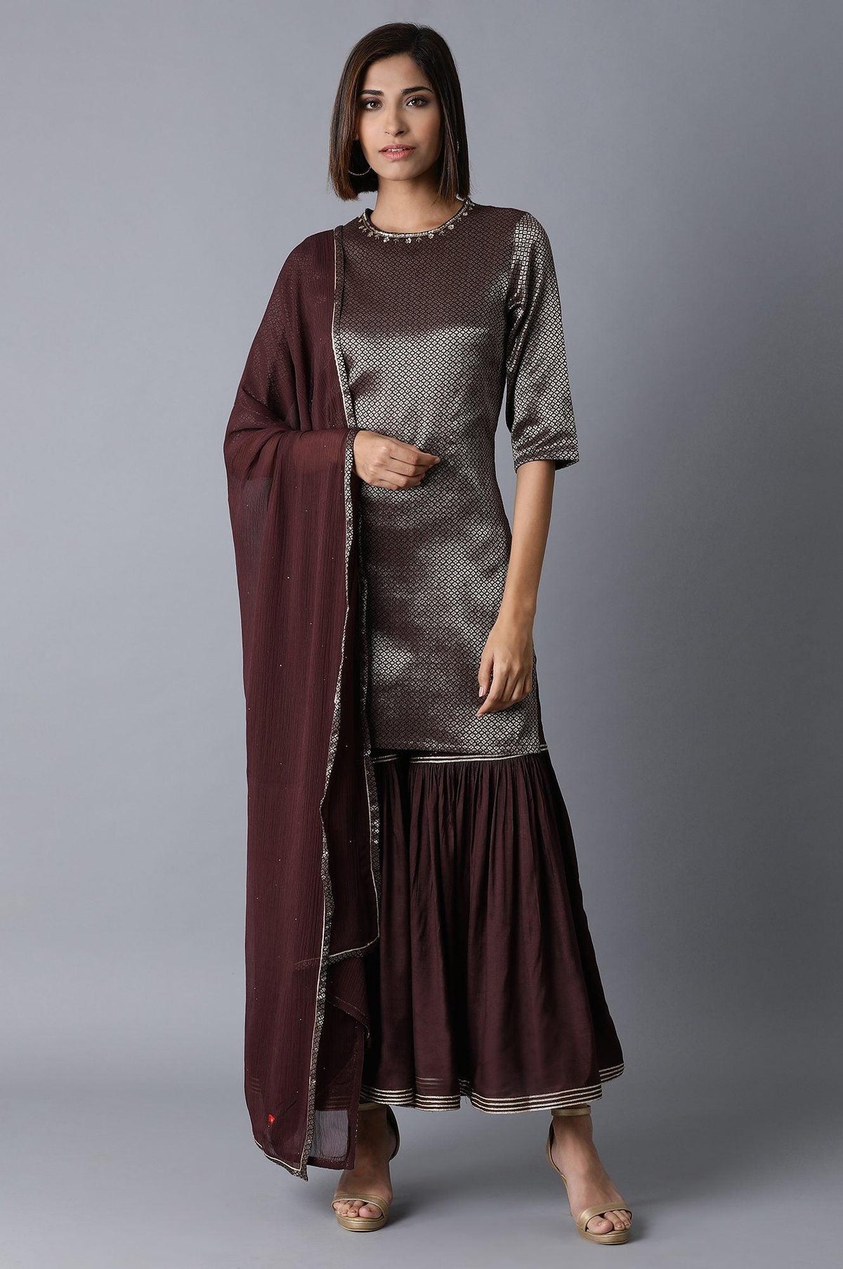 Dark Purple kurta-Sharara-Dupatta Set - L
