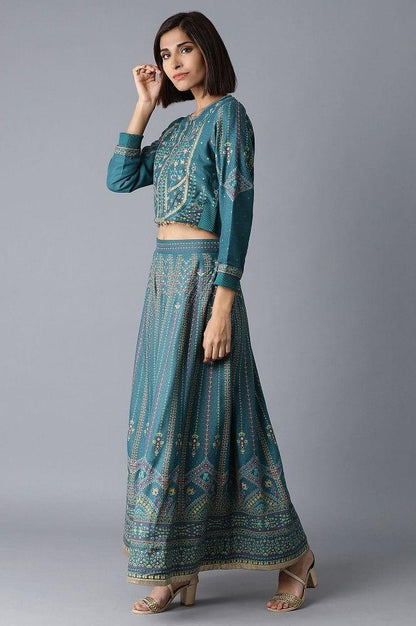 Green Bomber Jacket-Kalidar Skirt Set - wforwoman