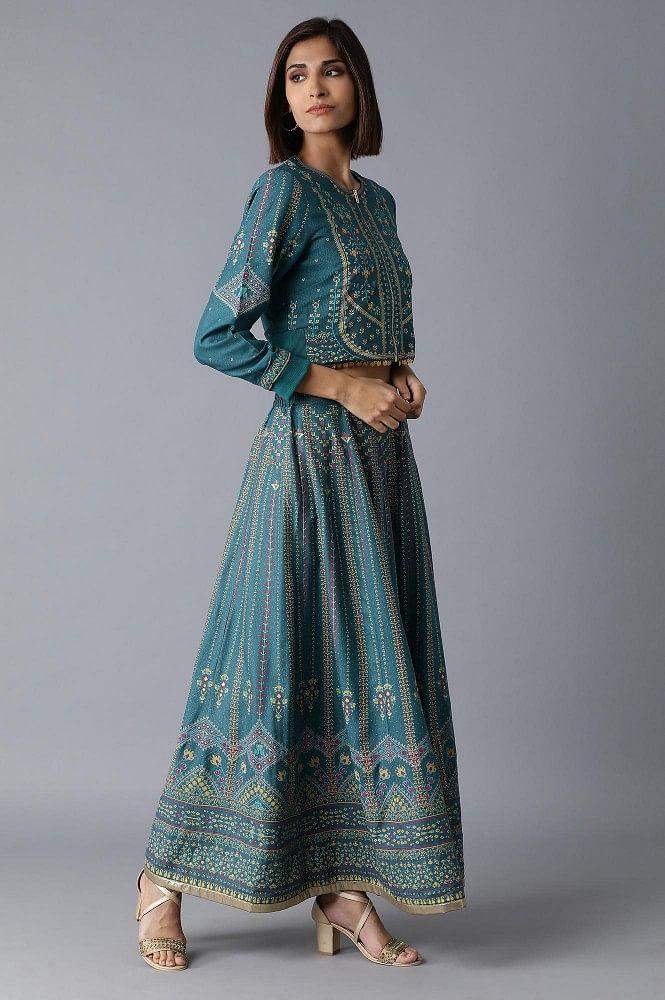 Green Bomber Jacket-Kalidar Skirt Set - wforwoman