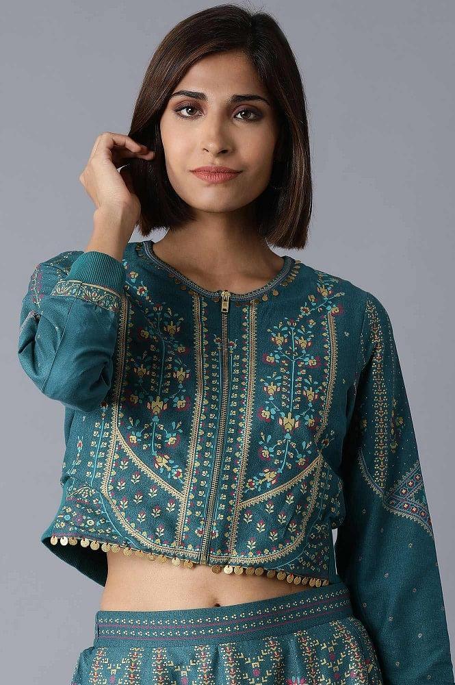 Green Bomber Jacket-Kalidar Skirt Set - wforwoman