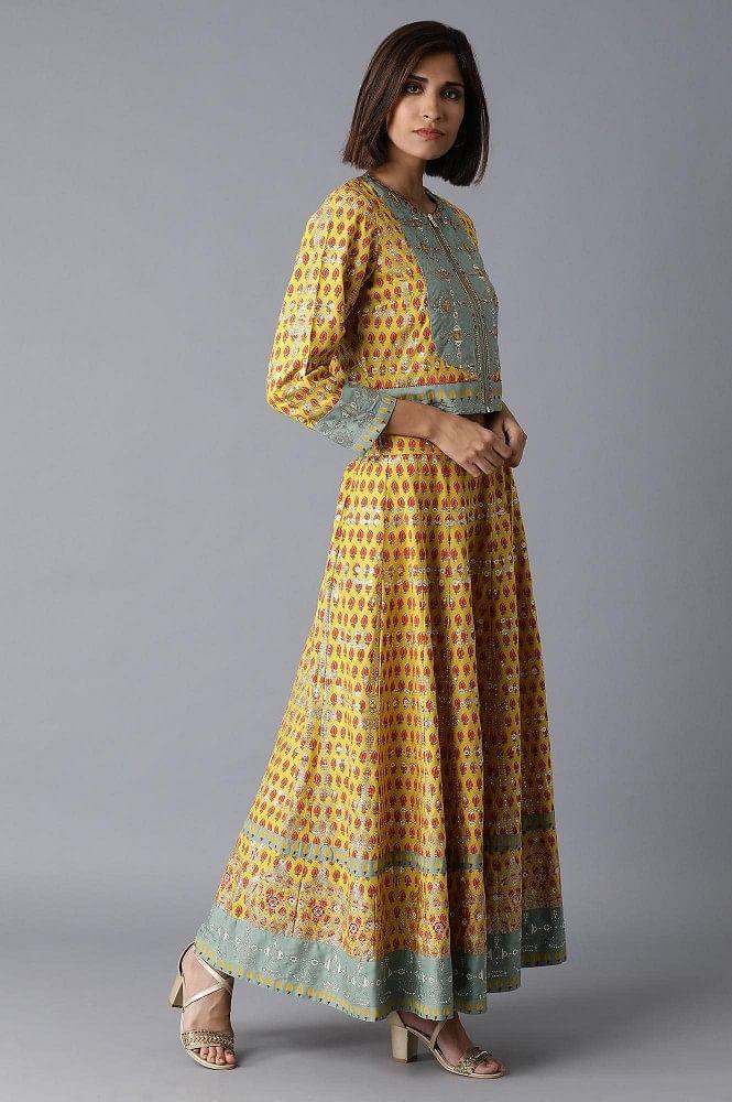 Yellow Bomber Jacket-Kalidar Skirt Set - wforwoman