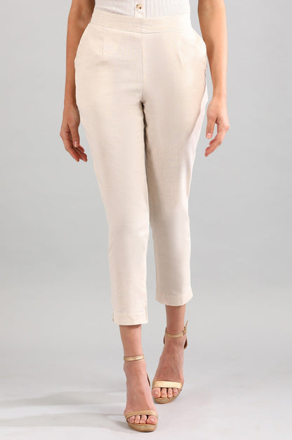 Beige Solid Straight Fit Cotton Trousers With Elasticated Back