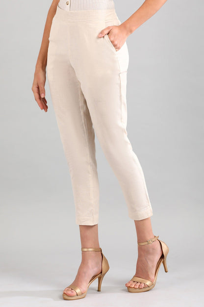 Beige Solid Straight Fit Cotton Trousers With Elasticated Back