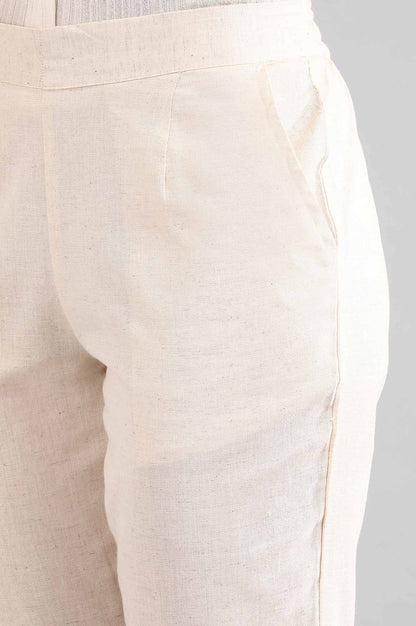 Beige Solid Straight Fit Cotton Trousers With Elasticated Back