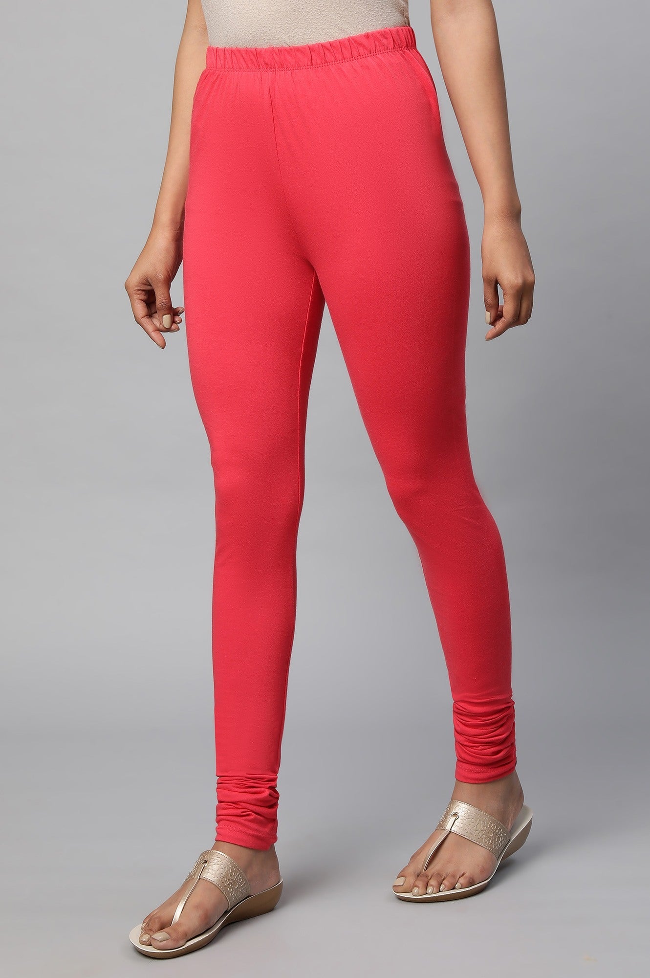 Red Solid Skinny Fit Cotton Churidar With Elasticated Waistband