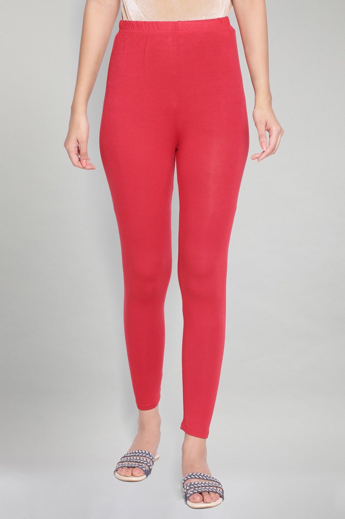 Elleven Women's Red Solid Skinny Fit Tights With Elasticated Waistband - XS