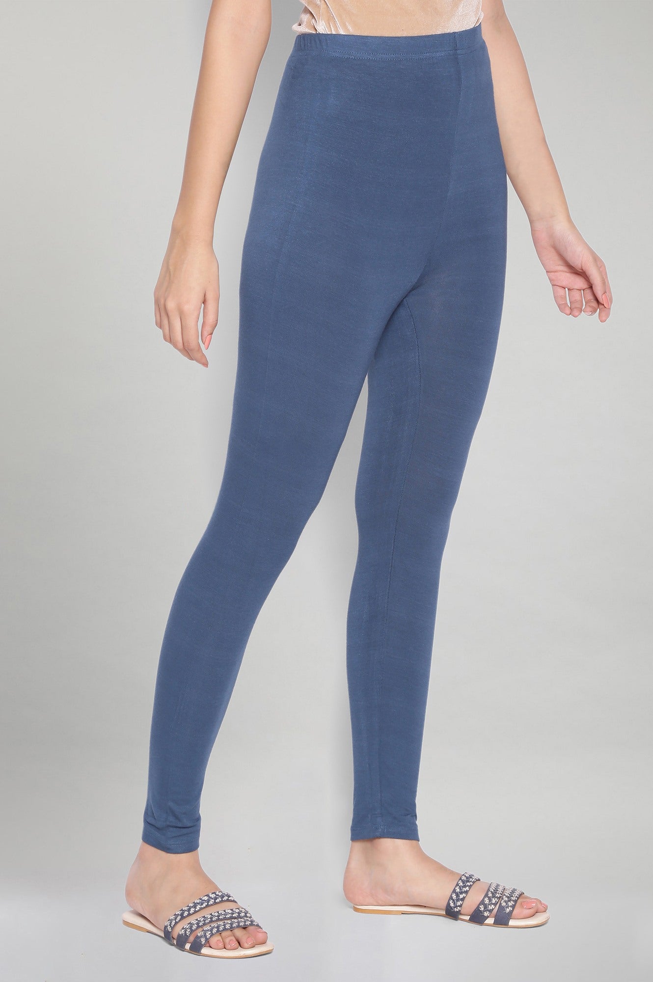 Dark Blue Solid Skinny Fit Tights With Elasticated Waistband