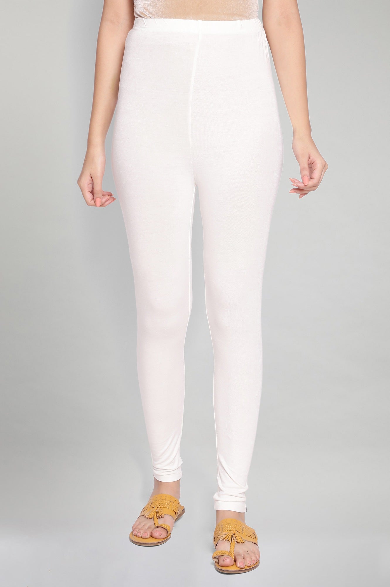 White Solid Skinny Fit Tights With Elasticated Waist