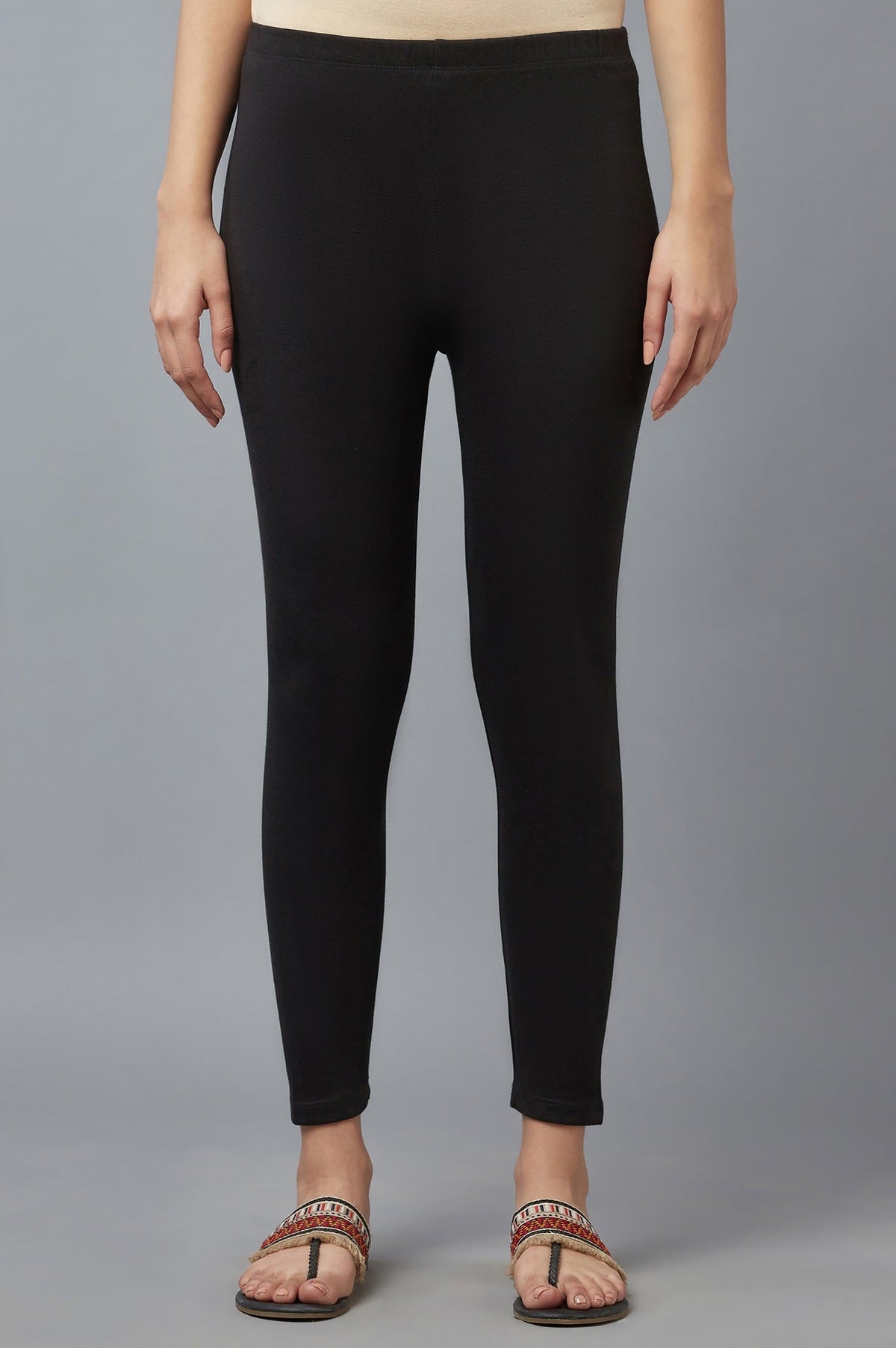 Elleven Women's Black Solid Skinny Fit Cotton Tights With Elasticated Waistband - XS