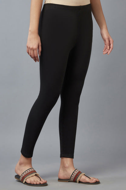 Black Solid Skinny Fit Cotton Tights With Elasticated Waistband