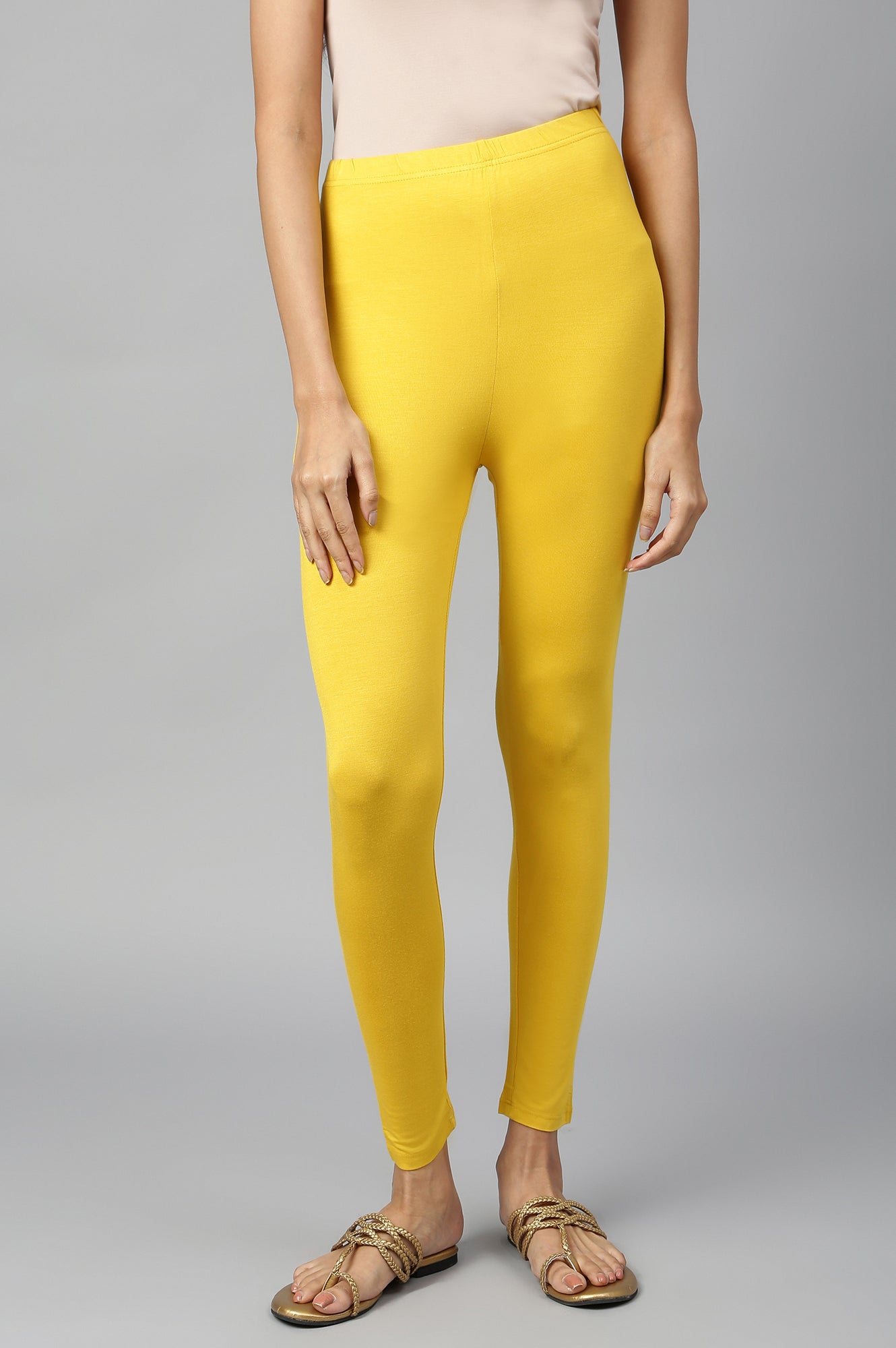 Yellow Solid Skinny Fit Tights With Elasticated Waist