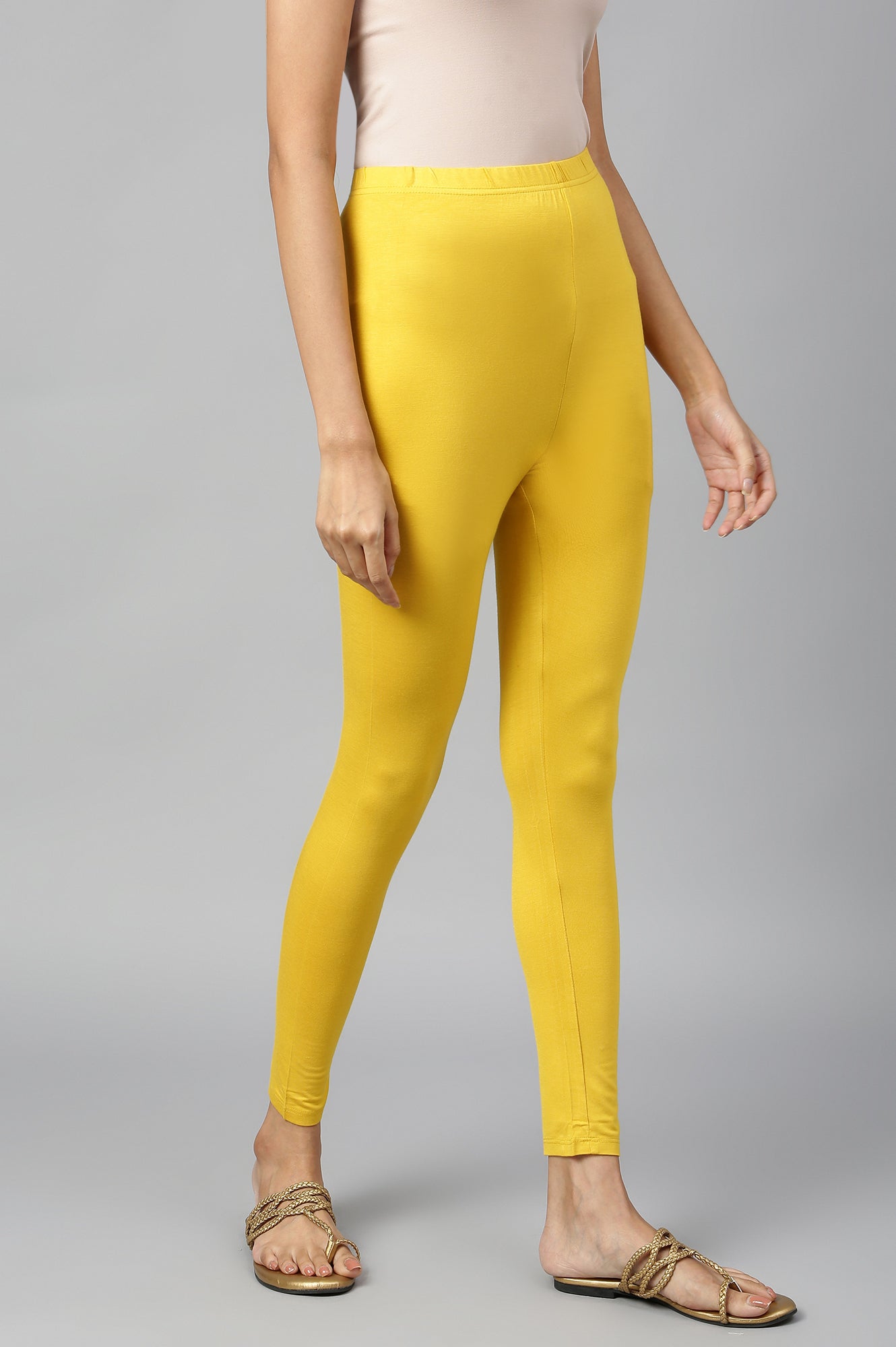 Yellow Solid Skinny Fit Tights With Elasticated Waist