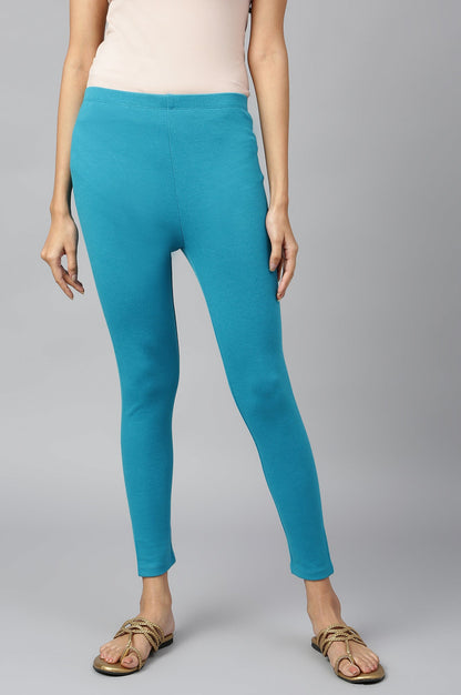 Teal Solid Skinny Fit Cotton Tights With Elasticated Waistband