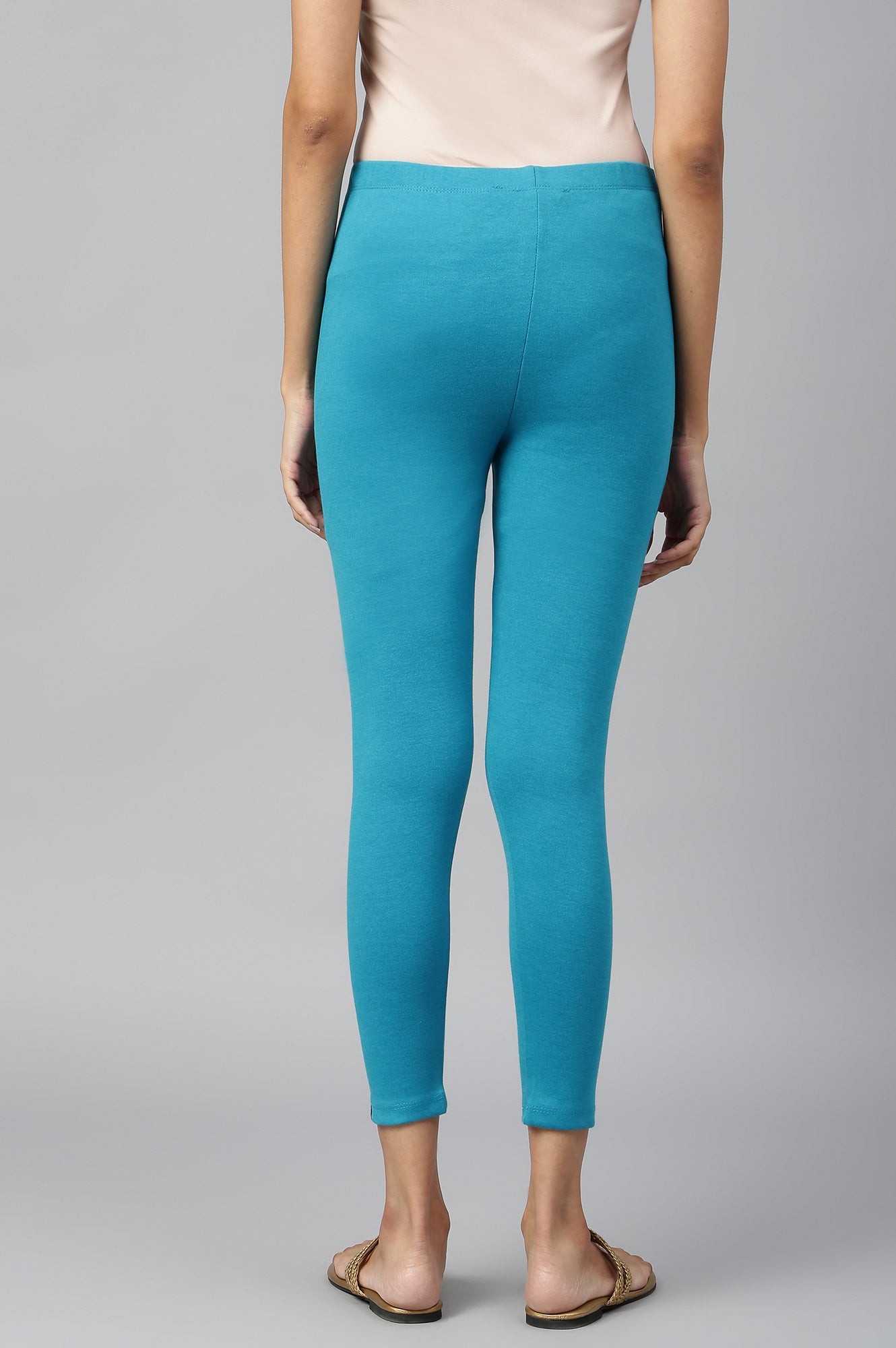 Teal Solid Skinny Fit Cotton Tights With Elasticated Waistband