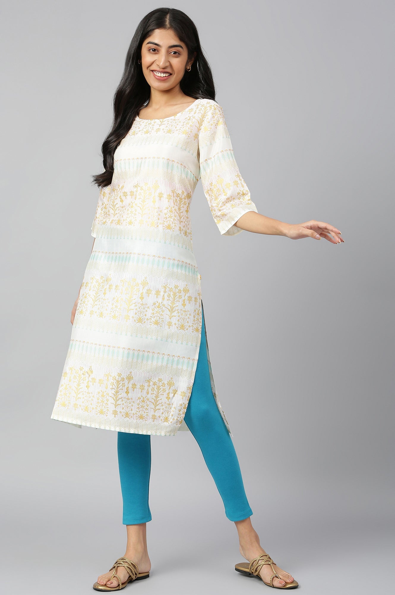 Teal Solid Skinny Fit Cotton Tights With Elasticated Waistband