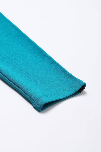 Teal Solid Skinny Fit Cotton Tights With Elasticated Waistband