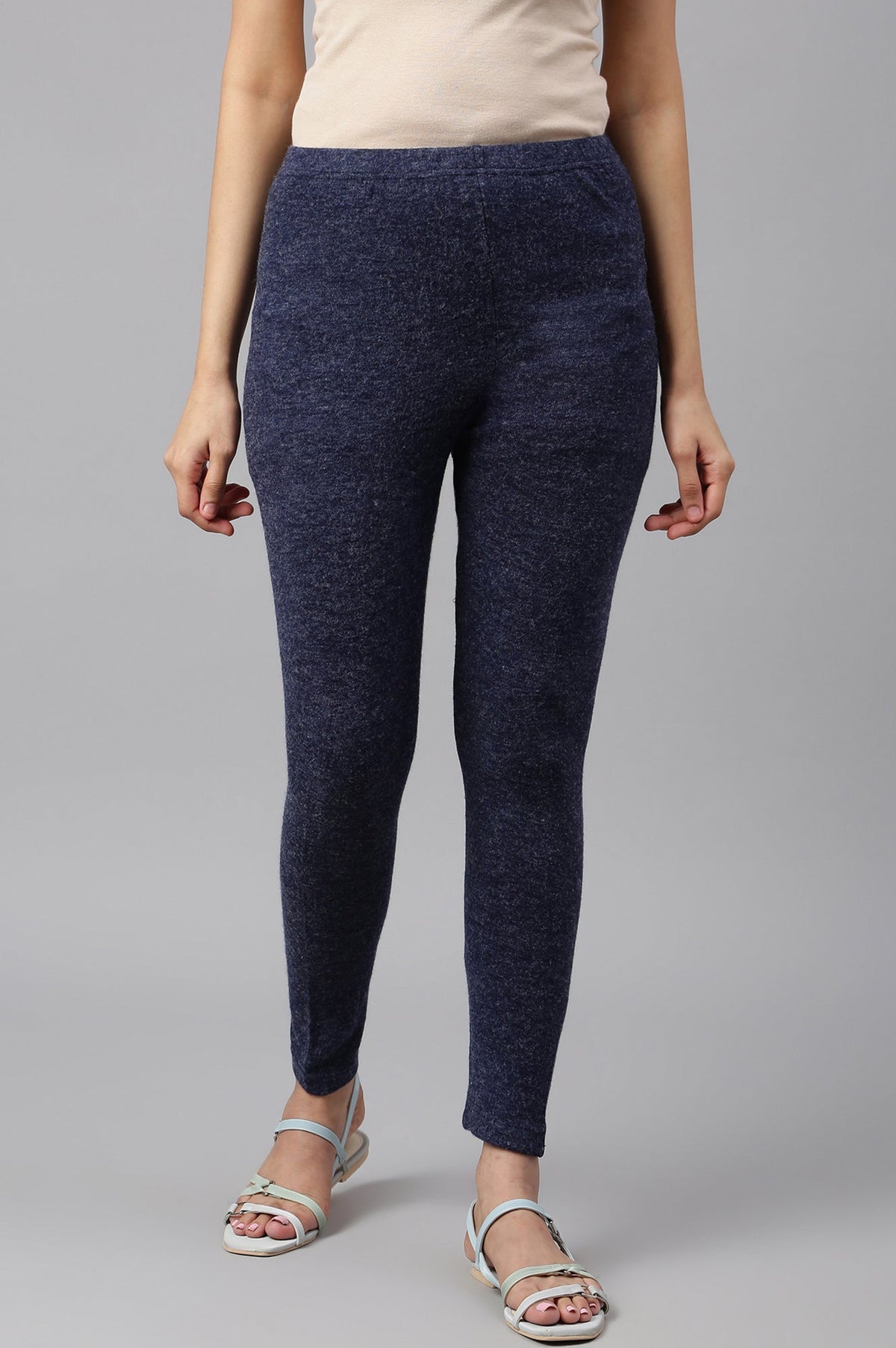 Elleven Women's Navy Blue Solid Skinny-fit Knit Tights with Elasticated Waistband - XS