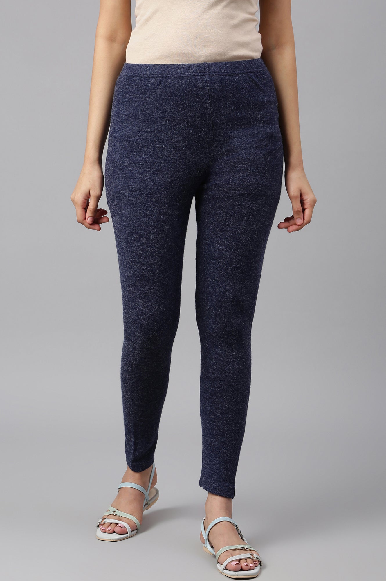 Navy Blue Solid Skinny-fit Knit Tights with Elasticated Waistband