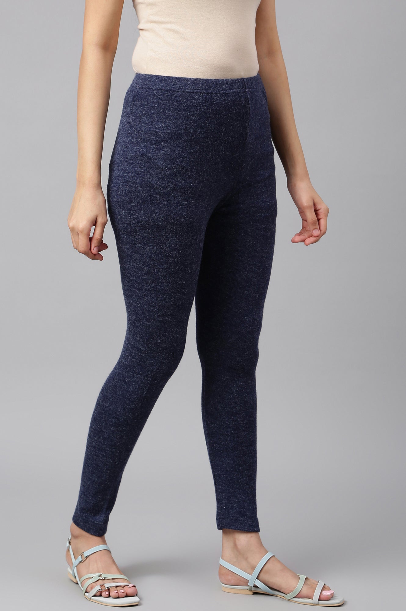 Navy Blue Solid Skinny-fit Knit Tights with Elasticated Waistband