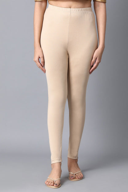 Beige Solid Skinny Fit Cotton Tights with Elasticated Waistband