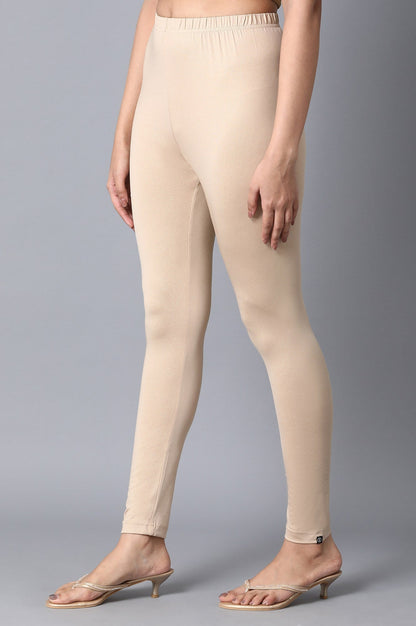 Beige Solid Skinny Fit Cotton Tights with Elasticated Waistband