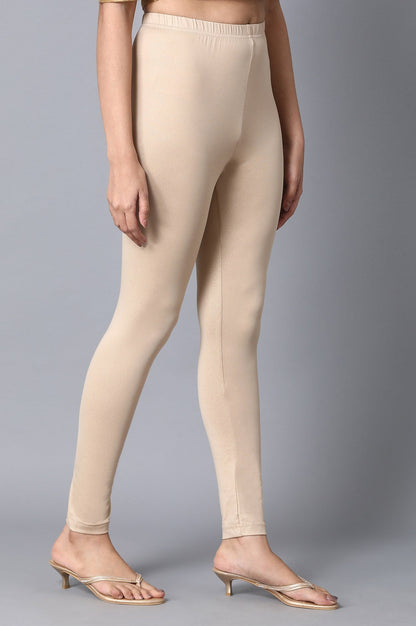 Beige Solid Skinny Fit Cotton Tights with Elasticated Waistband