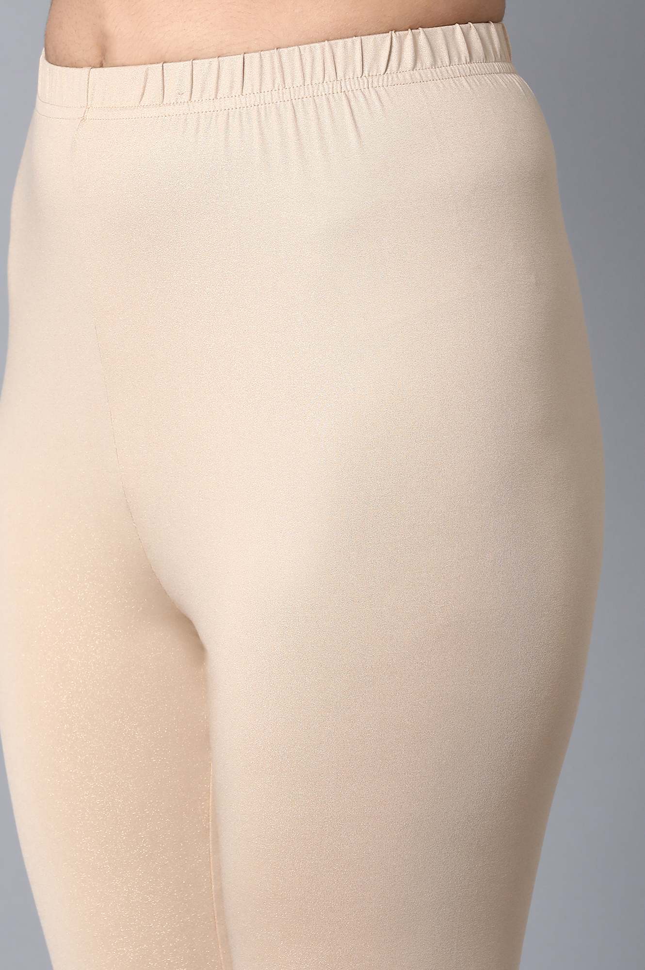 Beige Solid Skinny Fit Cotton Tights with Elasticated Waistband