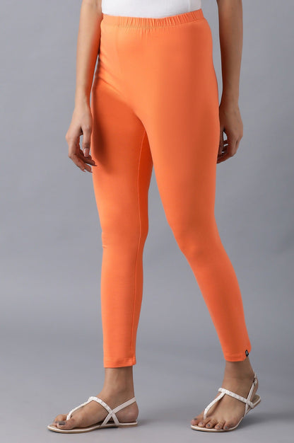 Orange Solid Skinny Fit Cotton Tights With Elasticated Waistband