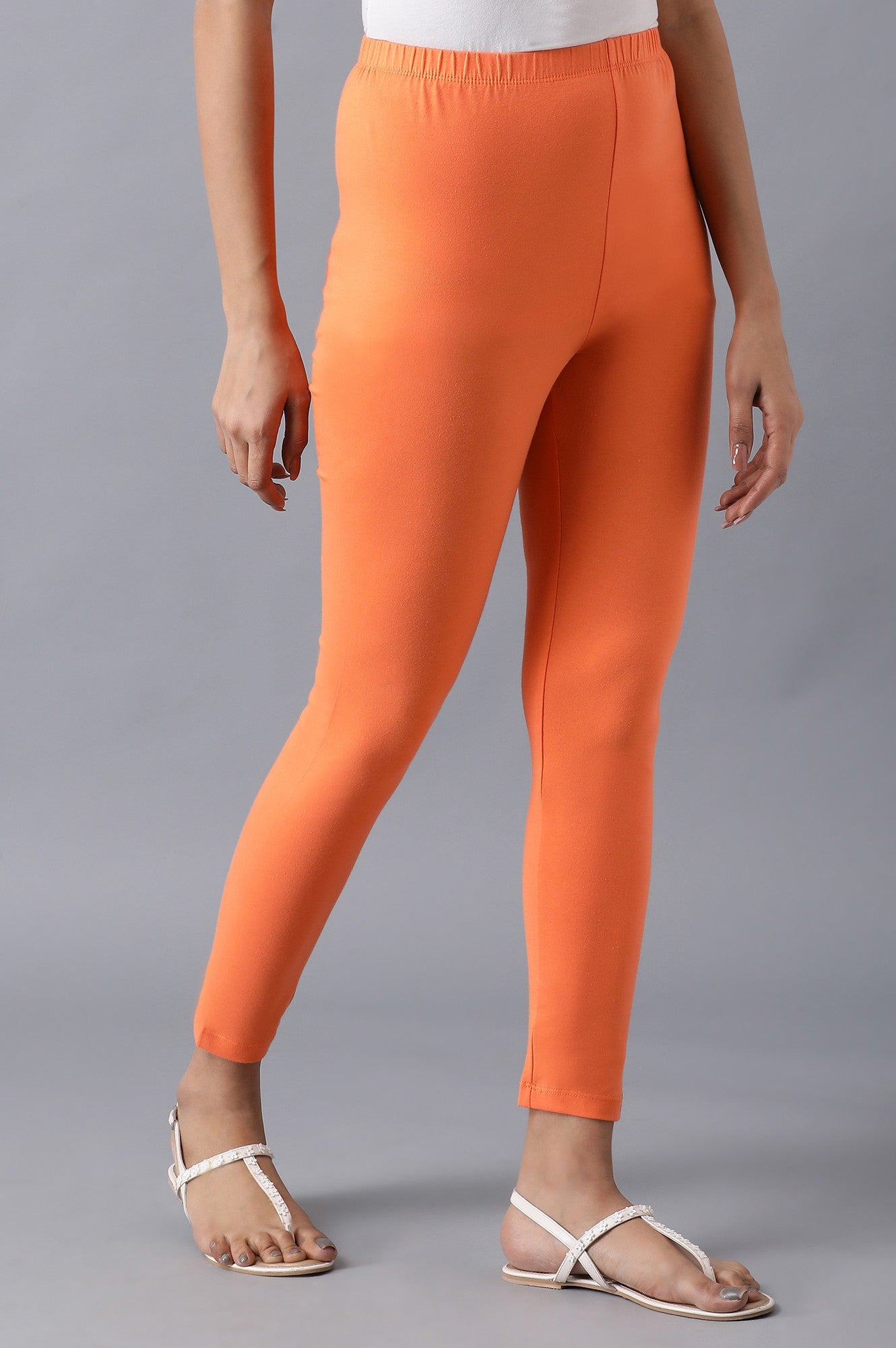Orange Solid Skinny Fit Cotton Tights With Elasticated Waistband