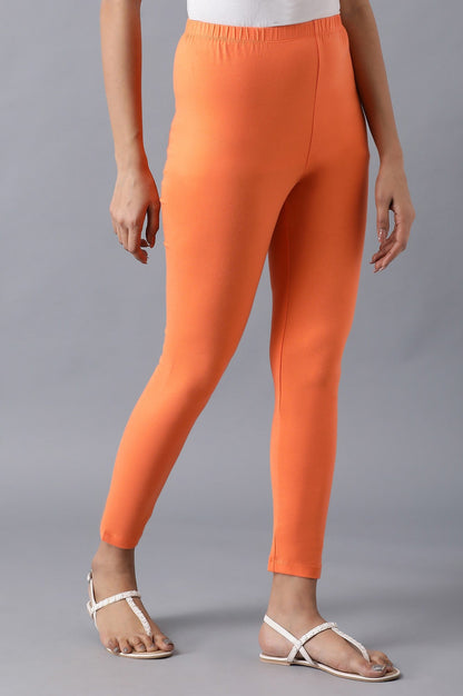 Orange Solid Skinny Fit Cotton Tights With Elasticated Waistband