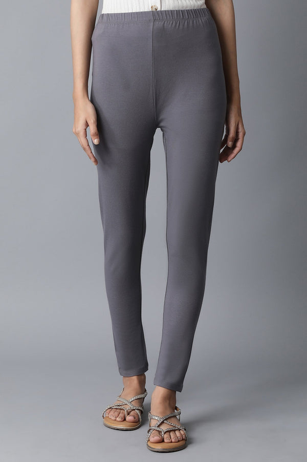 Grey Solid Skinny Fit Cotton Tights With Elasticated Waistband