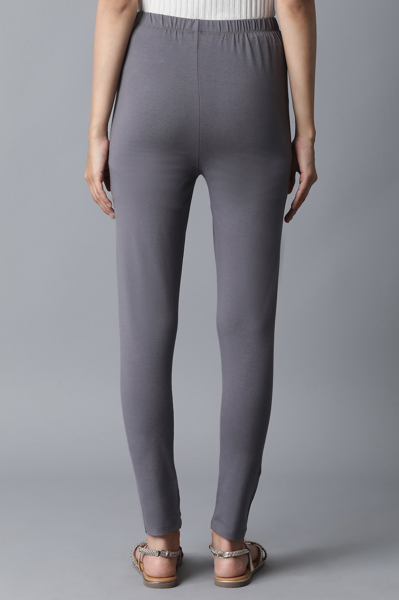 Grey Solid Skinny Fit Cotton Tights With Elasticated Waistband