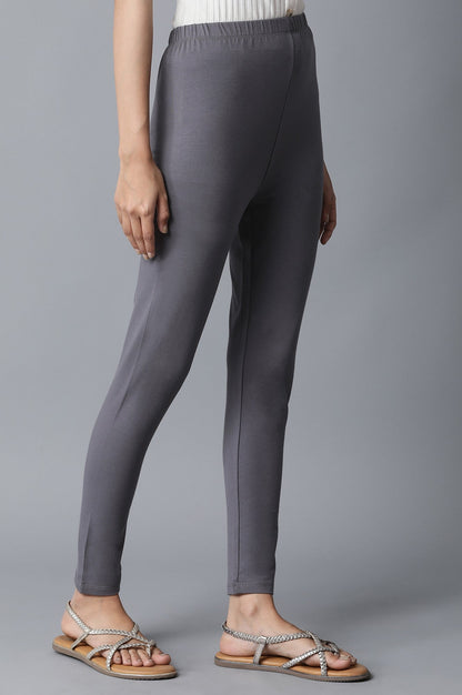Grey Solid Skinny Fit Cotton Tights With Elasticated Waistband