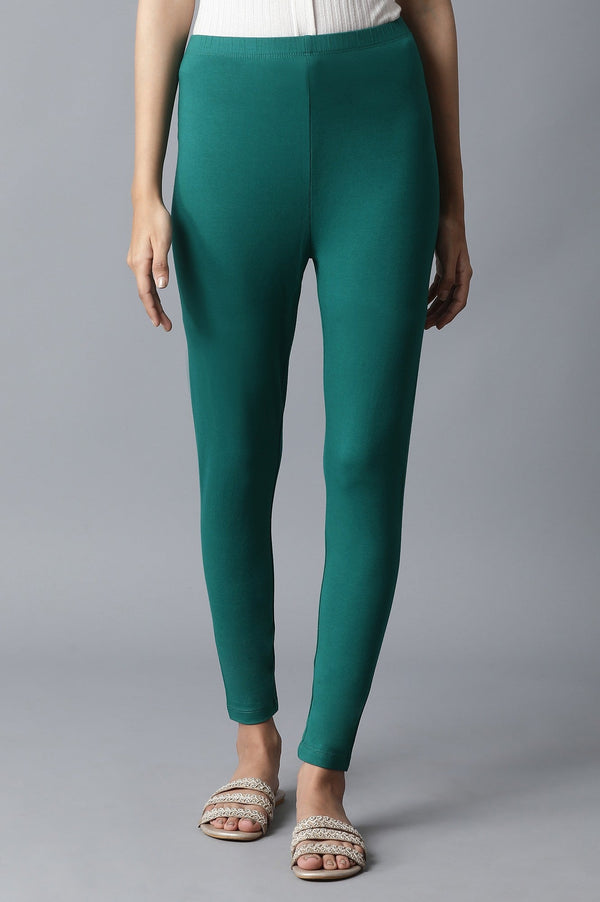 Green Solid Skinny Fit Cotton Tights With Elasticated Waistband