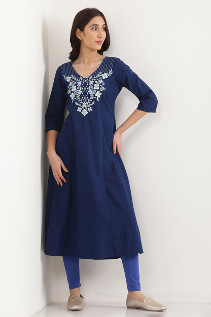 Blue Solid Skinny Fit Cotton Tights With Elasticated Waistband