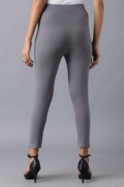 Grey Solid Skinny Fit Cotton Cropped Tights With Elasticated Waistband