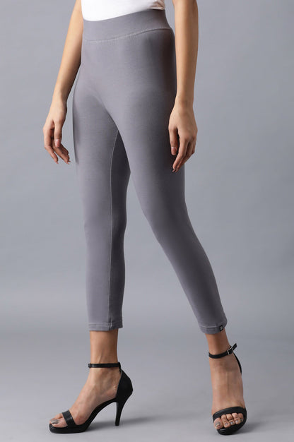 Grey Solid Skinny Fit Cotton Cropped Tights With Elasticated Waistband