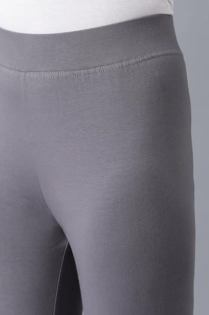 Grey Solid Skinny Fit Cotton Cropped Tights With Elasticated Waistband